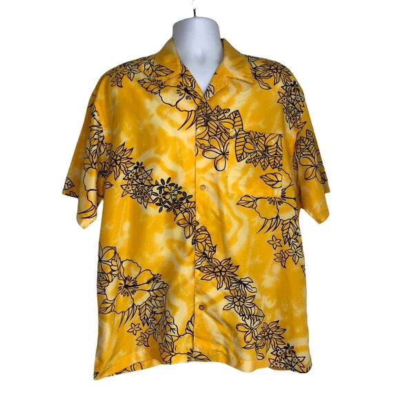 US Expedition Mens Large Yellow Hawaiian Floral Button Casual Button Up Shirt - Picture 1 of 8
